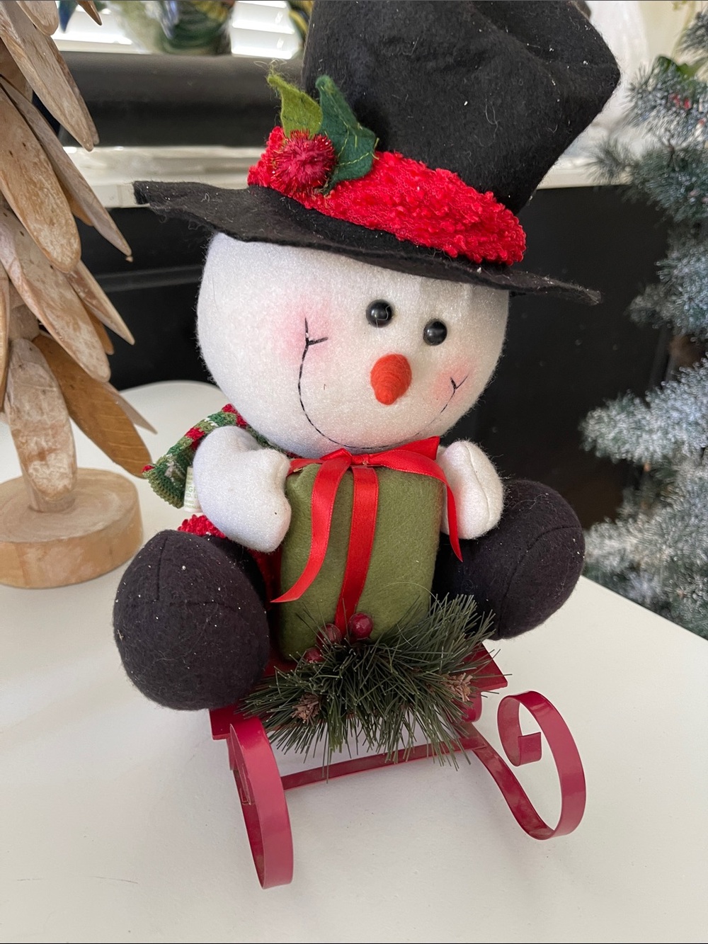 Holiday Snowman Plush on Red Sled by